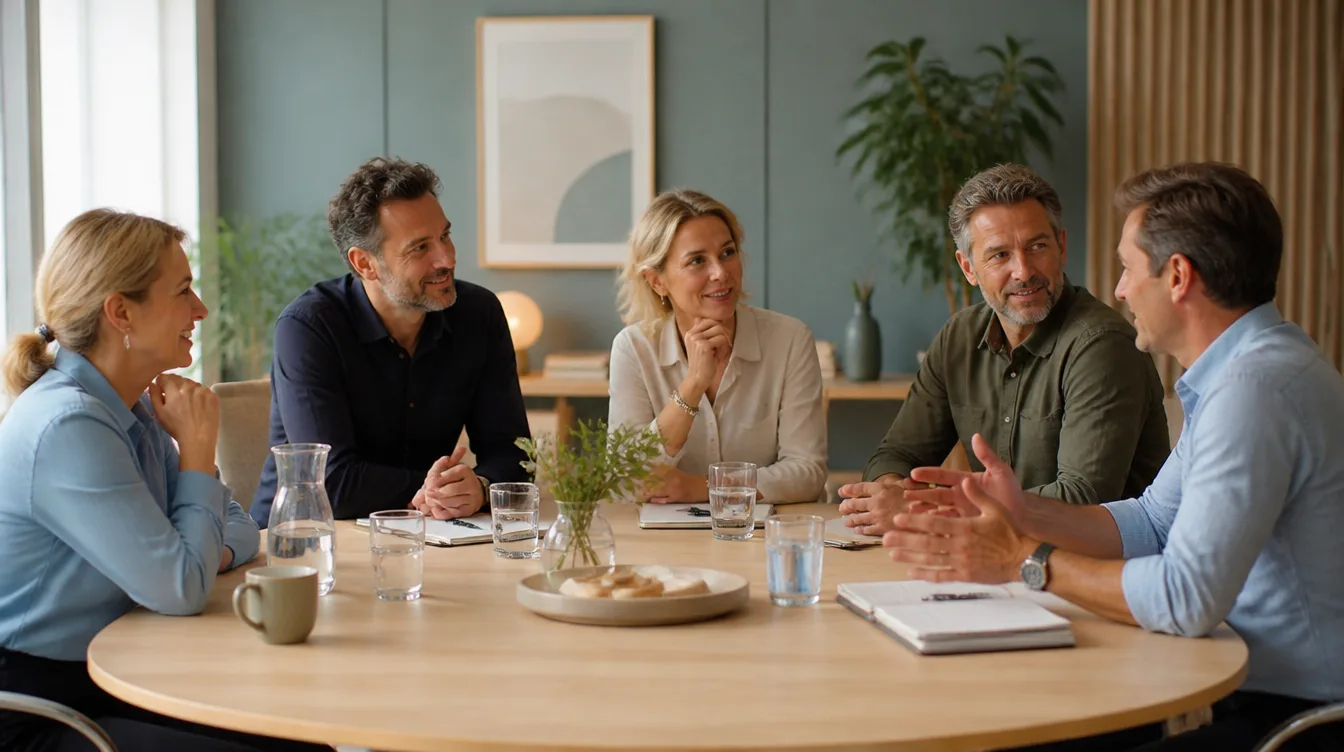 Managementteam in aandachtig, respectvol gesprek aan een ovale tafel